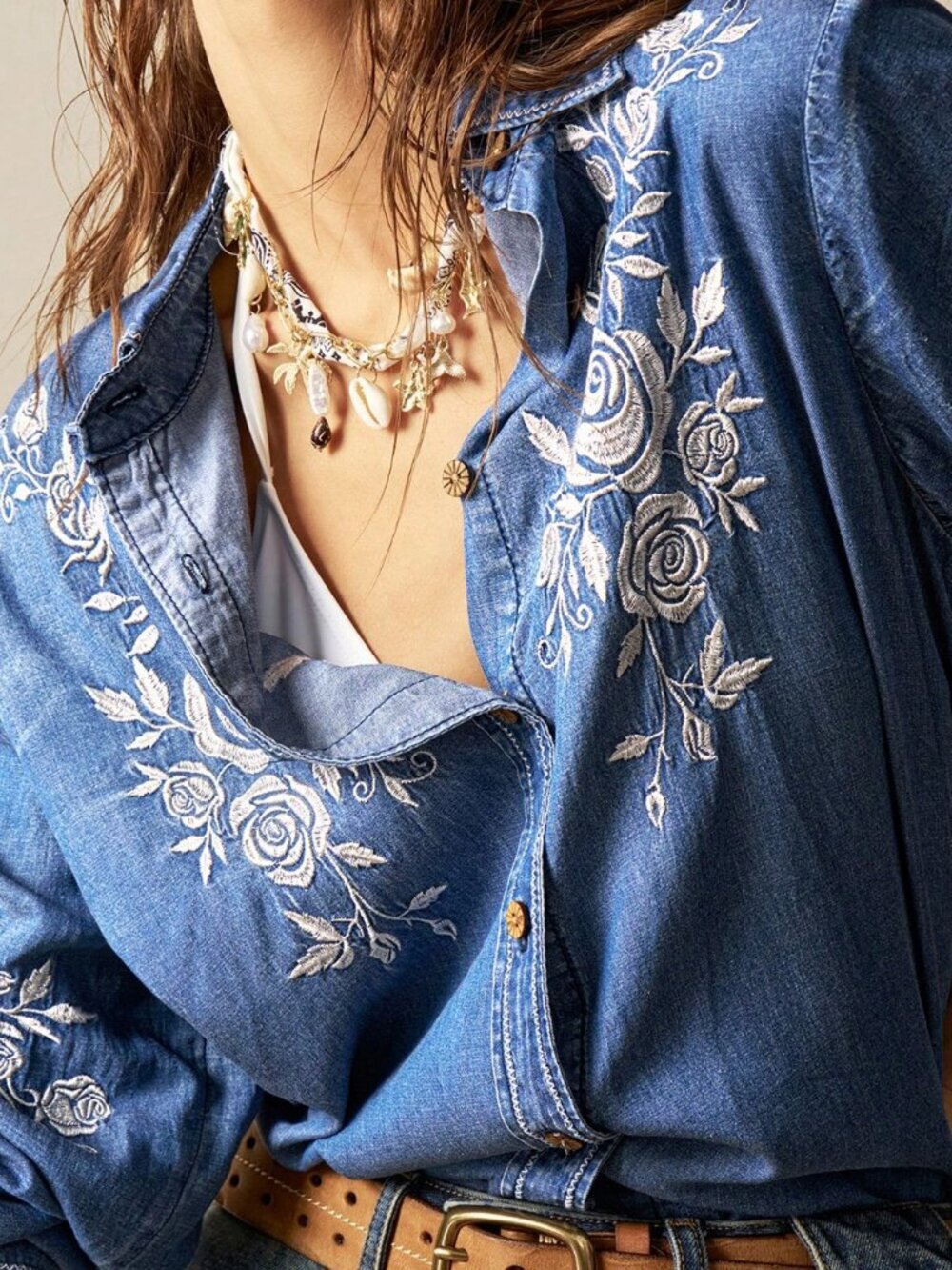 Blue Boho Women's Denim Embroidered Long Sleeve Shirt - Picture 6 of 6
